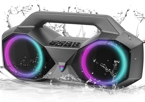 KMAG Altavoz Bluetooth inalámbrico, altavoz de 80 W con graves más profundos, IPX7 impermeable, tiempo de reproducción de 20 horas, luces frías,