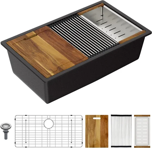 Miniatura 10 de Lordear Fregadero de Bar Empotrado de Granito Compuesto de 18 Pulgadas 18"x18" Fregaderos de Cocina de Cuarzo Compuesto Negro de Un Solo Tazón Bajo