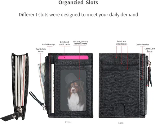 Miniatura 2 de Cartera delgada para mujeres de piel pequeña con bloqueo RFID, tarjetero minimalista con bolsas para monedas y fundas, Negro, Moderno