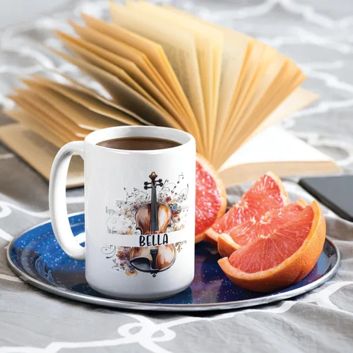 Miniatura 5 de Taza personalizada para músico 2023, taza de violín personalizada con nombre, violín y notas musicales, taza de cerámica de 11 oz y 15 onzas, taza