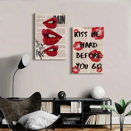 Miniatura 5 de 2 piezas de lienzo enmarcado, arte de pared, decoración de pared de moda preparada, pósteres de labios rojos funky, impresiones de cuadros