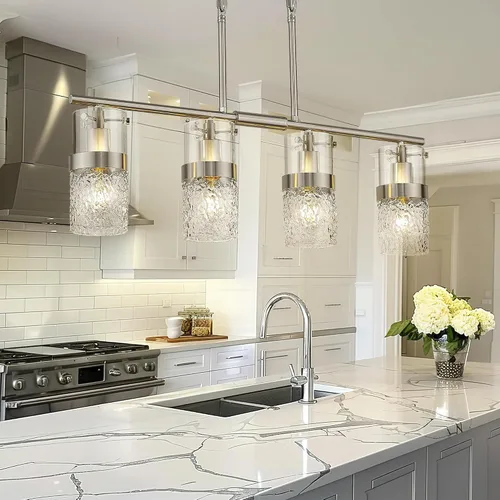 Miniatura 21 de LMS Paquete de 2 Luces Colgantes Modernas, Luz Colgante Dorada Cepillada para Isla de Cocina con Vidrio Martillado, Lámparas Colgantes Ajustables