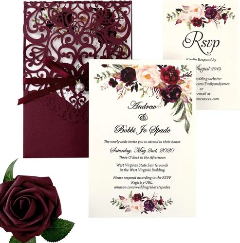 Miniatura 9 de 50 invitaciones de quinceañera personalizadas de 5x7.2 pulgadas, corte calado mediante láser, color rojo, con tarjetas RSVP y sobres, y banda