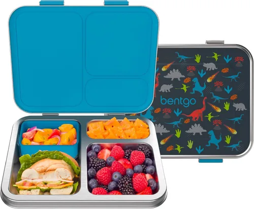 Bentgo Lonchera de acero inoxidable para niños, resistente a las fugas, 3 compartimentos con recipiente de silicona adicional, duradera, ecológica,