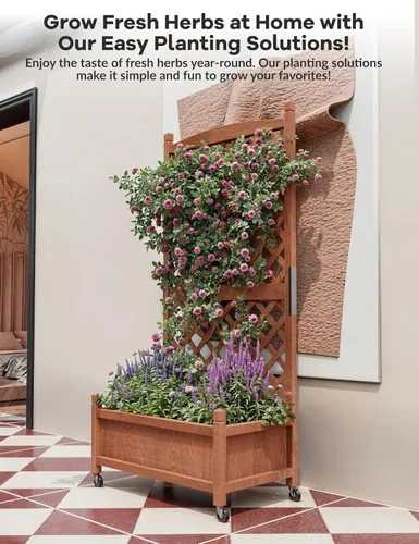 Miniatura 7 de GarveeLife Paquete de 2 macetas altas de madera con enrejado, cama de jardín elevada de 61.5 pulgadas de alto sobre ruedas, maceta vertical