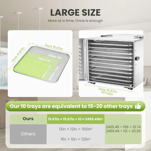Miniatura 3 de Máquina deshidratadora de alimentos de 10 bandejas comerciales para cecina y hierbas, área utilizable de hasta 24.65 pies² y temperatura de 194℉
