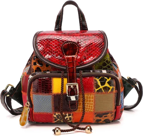 Segater Moda mujer mochila multicolor cuero genuino colorido patchwork hombro bolso estilo bohemio, Varios colores, Viajar