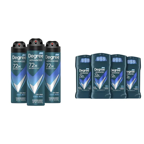 Degree Men Cool Rush desodorante antitranspirante en espray seco, 3 unidades, 3.8 onzas y barra de protección avanzada, paquete de 4 unidades de 2.7