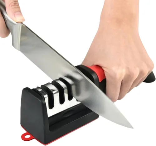 Cuchillo de 4 etapas, afilador de tijeras, cuchillo de cocina universal y tijera para todo tipo de herramienta de afilado, mediano, rojo y negro