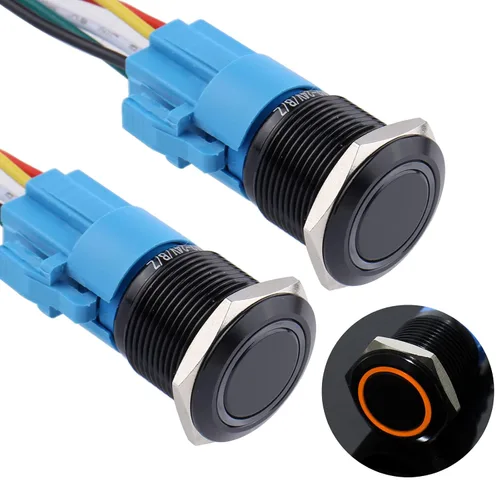 Miniatura 20 de 2 interruptores de botón de bloqueo de 0.748 in de 12 V-24 V, anillo de CC LED 1NO 1NC impermeable botón de metal negro encendido apagado