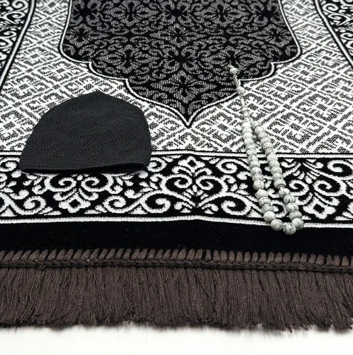 Miniatura 3 de ESERRA Juego de alfombrillas de oración de terciopelo todo en uno para el Islam, alfombra gruesa de oración musulmana, sombrero Kufi negro, piedra