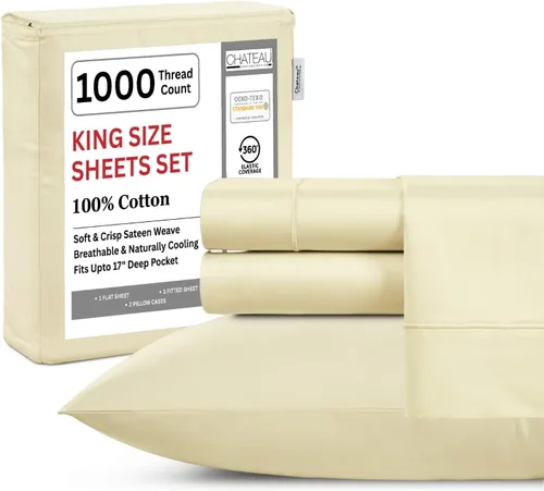Miniatura 36 de Juego de sábanas 100% algodón para cama King, juego de sábanas certificadas de 1000 TC con bolsillo profundo, juego de sábanas y fundas de almohada