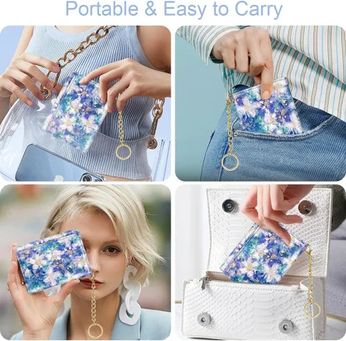 Miniatura 5 de Billetera triple para mujer, pequeña, delgada, con bloqueo RFID, bonito tarjetero de cuero con bolsillo largo para efectivo y llavero, Azul Flores