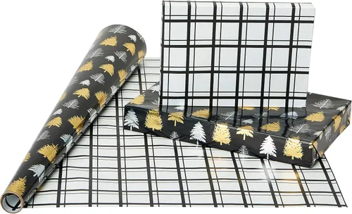 Miniatura 2 de American Greetings - Rollos de papel de regalo de Navidad de aluminio, envoltura de regalo festiva metálica en amarillo dorado y negro