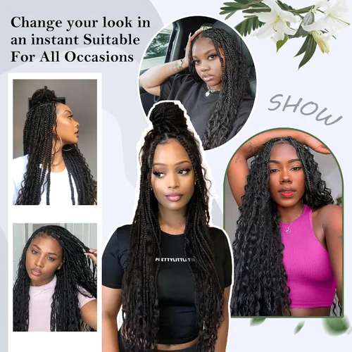 Miniatura 6 de Alebery Pelucas Trenzadas de Caja Bohemias Sin Nudos de Encaje Frontal HD 13X8 para Mujeres Negras Pelucas de Trenzas de Caja Bohemias con Rizos