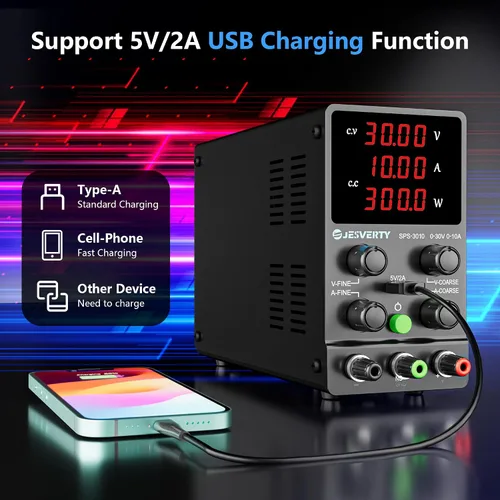 Miniatura 4 de Fuente de alimentación de CC variable, 0-30V 0-10A Fuente de alimentación de banco regulada de CC con pantalla LED de 4 dígitos de alta precisión