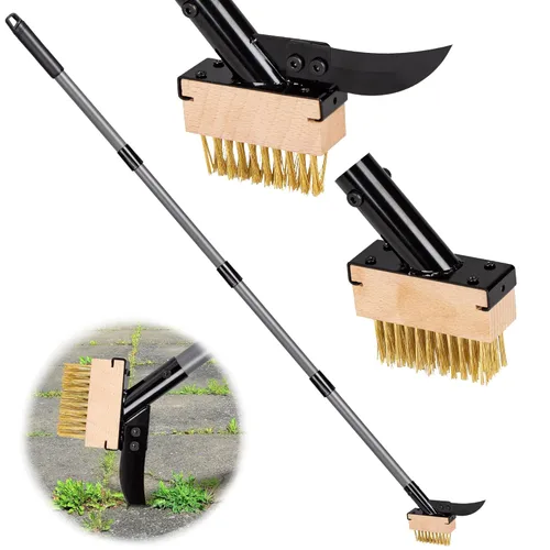 Walensee Cepillo 3 en 1 para eliminar grietas y musgo con mango ajustable de 66.5 pulgadas, extractor de malezas con 2 cabezales de cepillo