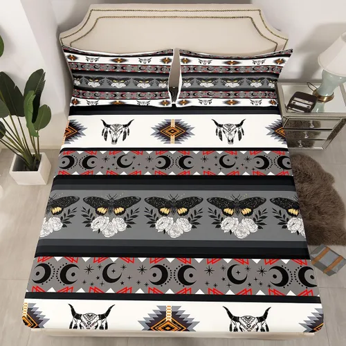 Miniatura 14 de Juego de ropa de cama de estilo bohemio occidental, tamaño individual, diseño de vaca atrapasueños, sábana bajera ajustable del suroeste, tribu