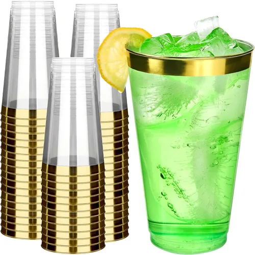 Miniatura 25 de RACETOP 9 oz 100 Pack Gold Glitter Plastic Cups, Disposable Gold Glitter Clear Plastic Cups for Parties, Gatherings, Weddings, and Festival Events