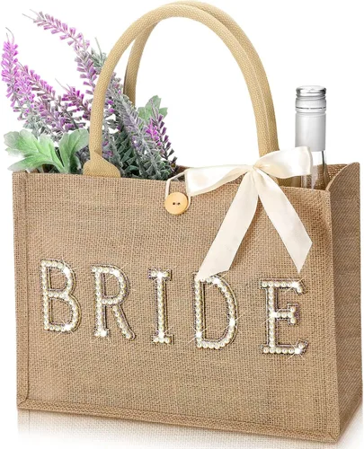 Miniatura 8 de Silkfly Bolsa de mano de novia de boda, regalo de despedida de soltera, bolsa de yute de playa con cinta para regalos de despedida de soltera