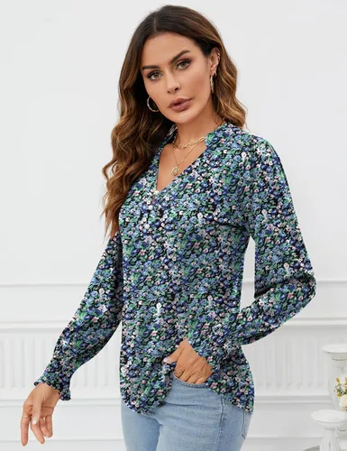 Miniatura 4 de Rapbin - Blusas tipo túnica con botones y cuello en V para mujer, manga larga abombada con puños con volantes, para otoño, camisetas elegantes e