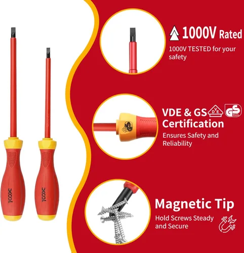 Miniatura 2 de XOOL Juego de destornilladores eléctricos aislados de 1000 V, 8 piezas con puntas magnéticas, mango antideslizante, ranurado y Phillips, acero al