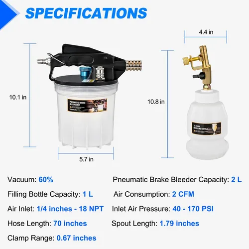 Miniatura 8 de GOOACC Kit de Purga de Frenos 2L Bomba de Vacío Neumática Extractor de Fluido con Botella de Rellenado 1L y Adaptadores Herramientas de Purga