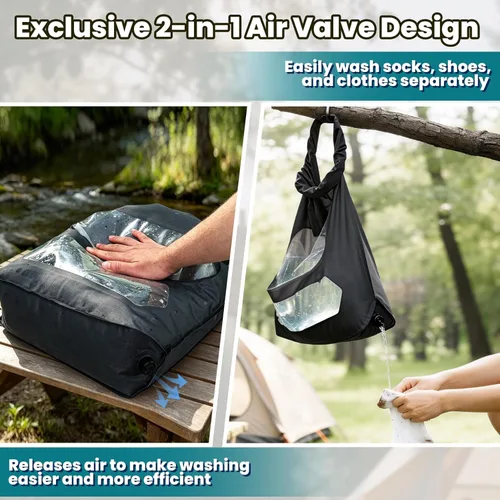 Miniatura 4 de Bolsa de lavado de viaje, diseño de válvula de aire 2 en 1 para lavado separado y menos uso de agua, bolsa de lavado portátil de viaje para camping