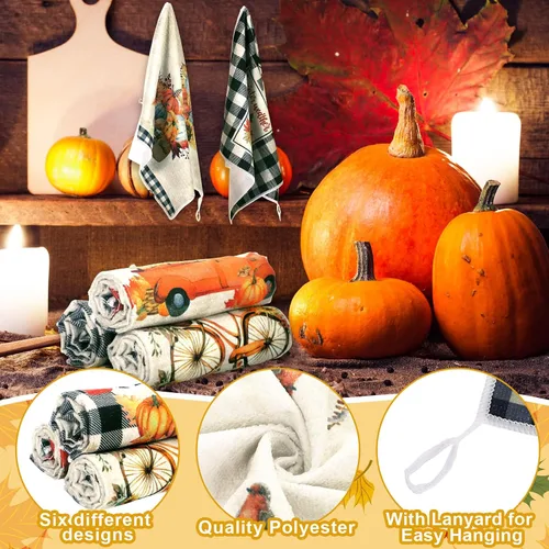 Miniatura 3 de Ganeen Juego de 6 toallas de mano de Acción de Gracias con texto en inglés «Hello Fall» en blanco y negro, vintage, calabaza, camión, motero