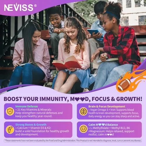 Miniatura 5 de NEVISS Gomitas multivitamínicas metiladas para adolescentes de 12 a 17 años con glicinato de magnesio, omega-3, L-teanina para adolescentes, niños