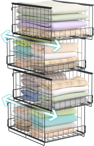 Organizador de armario apilable de 4 niveles y estantes de almacenamiento, cestas de ropa de metal resistentes, contenedores plegables que ahorran