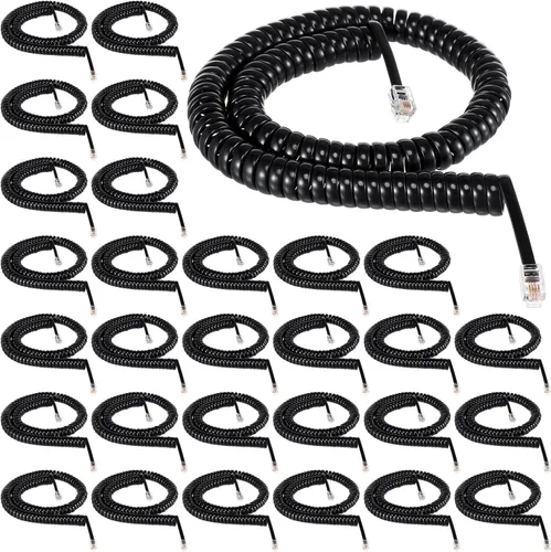 Kanayu Paquete de 20 cables de teléfono negros de 12 pies para teléfono fijo en espiral a granel para uso con todos los accesorios de cable de