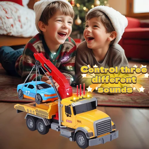 Miniatura 4 de Camión de remolque para niños con juguetes de coche para niños de 4 a 7 años, camión de remolque grande con luces de gancho de trabajo y juguetes