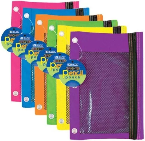 BAZIC Estuche para lápices de 3 anillos de color brillante con ventana de malla, agujeros de anillos reforzados con remaches, colores surtidos,