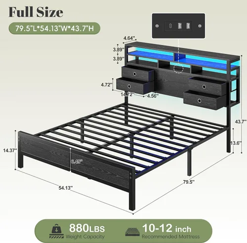 Miniatura 2 de Homkdom Base de cama de tamaño matrimonial con cabecera de almacenamiento de 3 niveles y 4 cajones, marco de cama matrimonial con luces LED
