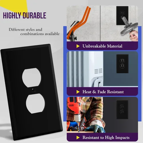 Miniatura 4 de ENERLITES Placa de pared dúplex para tomacorriente para receptáculos, cubierta de toma de corriente eléctrica jumbo, acabado brillante, de gran Negro