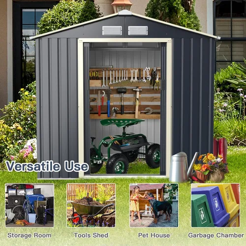 Miniatura 2 de Giantex Cobertizo de almacenamiento para exteriores con doble puerta corrediza, almacenamiento de jardín de metal galvanizado, ventilación delantera