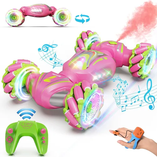 Nicella Coche de control remoto, autos RC rosas para niñas, acrobacias de gestos con luz y música, 4 WD, rotación de 360°, juguetes de auto de