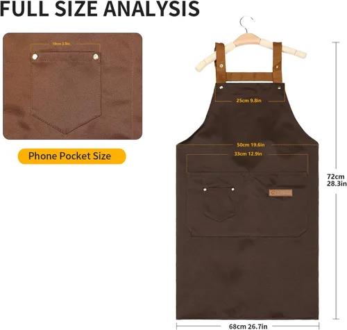 Miniatura 5 de MXY Delantal para mujeres y hombres, lona de cera ajustable, 5 bolsillos para herramientas, delantal de trabajo para tareas domésticas, cocina