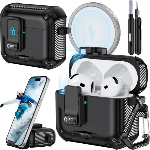 Miniatura 30 de Funda para AirPods Pro 2 (2023/2022/2019) con soporte para teléfono, (con interruptor a presión automático), diseño de fibra de carbono, cubierta