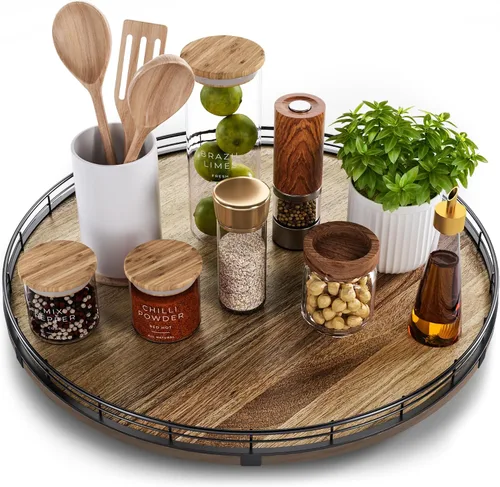 Miniatura 10 de Bandeja giratoria de tocador de Acacia de 9" para baño, organizador redondo de encimera de baño estilo granja para jabón y perfume, organizador