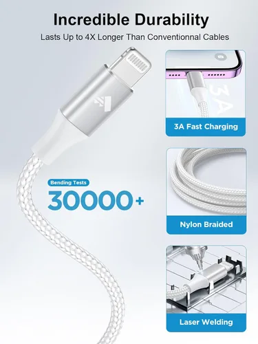 Miniatura 5 de Cable USB C a Lightning de 10 pies [certificado Apple MFi] Cargador rápido para iPhone USB C, suministro de energía, tipo C a Lightning, cable