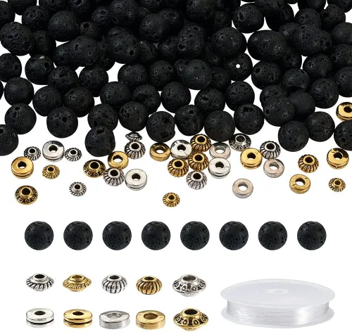Fashewelry Mala Yoga - Kit de fabricación de pulseras para hombre, 300 cuentas de aleación tibetana de piedra de lava natural, cuentas de piedra