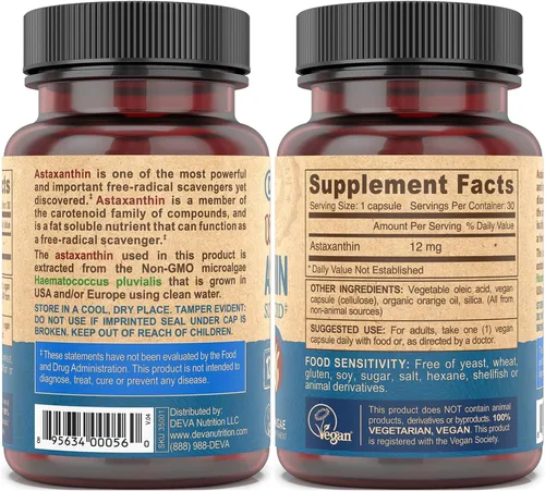 Miniatura 2 de DEVA Cápsulas veganas de astaxantina de 12 mg, paquete de 2 – Carotenoide eliminador de radicales libres hecho de microalgas, 30 unidades de Ea