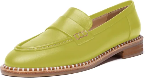 Miniatura 27 de FOGEENA Mocasines de cuero mate para mujer, estilo casual, sin cordones, punta redonda, tacón bajo grueso, zapatos de vestir de 1 pulgada