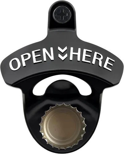 Abrebotellas magnético de montaje en pared negro con blanco, abrebotellas de cerveza en relieve montado en poste con imanes para bar, hogar, cueva