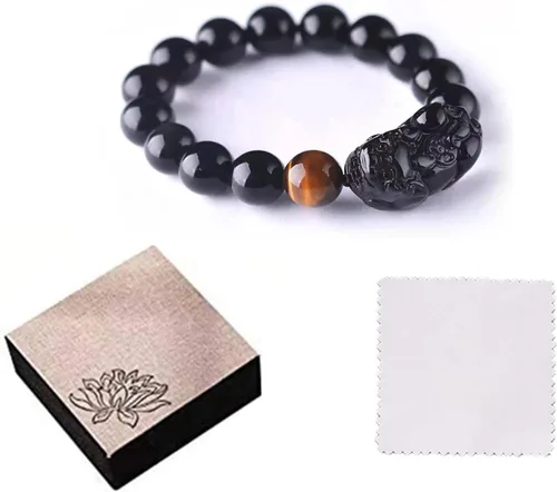 Miniatura 41 de Pulsera de obsidiana negra, pulsera de obsidiana negra Feng Shui para mujeres y hombres, pulsera elástica de obsidiana con piedra de ojo de tigre