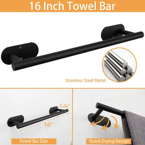 Miniatura 4 de TocTen Juego de 5 toallas para montar en la pared o autoadhesivas, juego de accesorios de baño de acero inoxidable que incluye toallero de 16 Negro