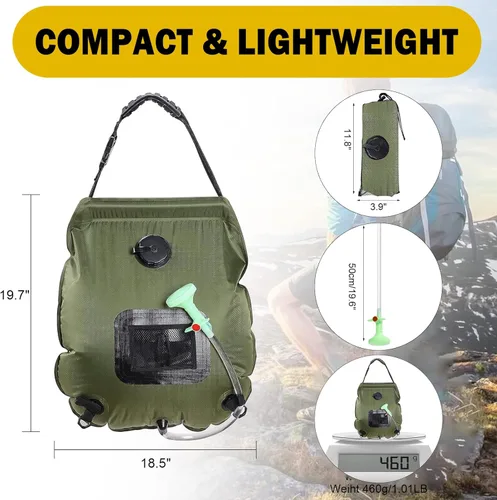 Miniatura 6 de Bolsa de ducha solar Bolsa de ducha solar de 5 galones/20L de calefacción solar Manguera extraíble Cabezal de ducha intercambiable de Verde