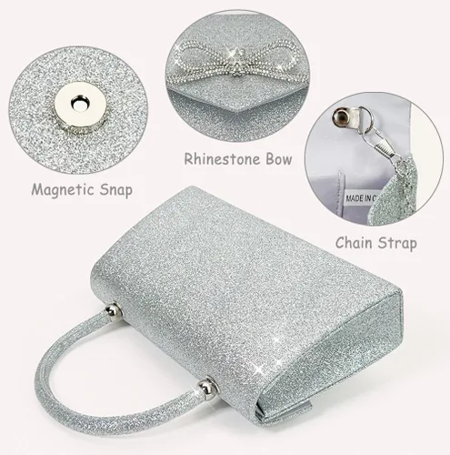 Miniatura 4 de Bolso de noche para mujer, con lazo brillante, bolso de mano para boda, fiesta, monederos con diamantes de imitación con purpurina para cóctel